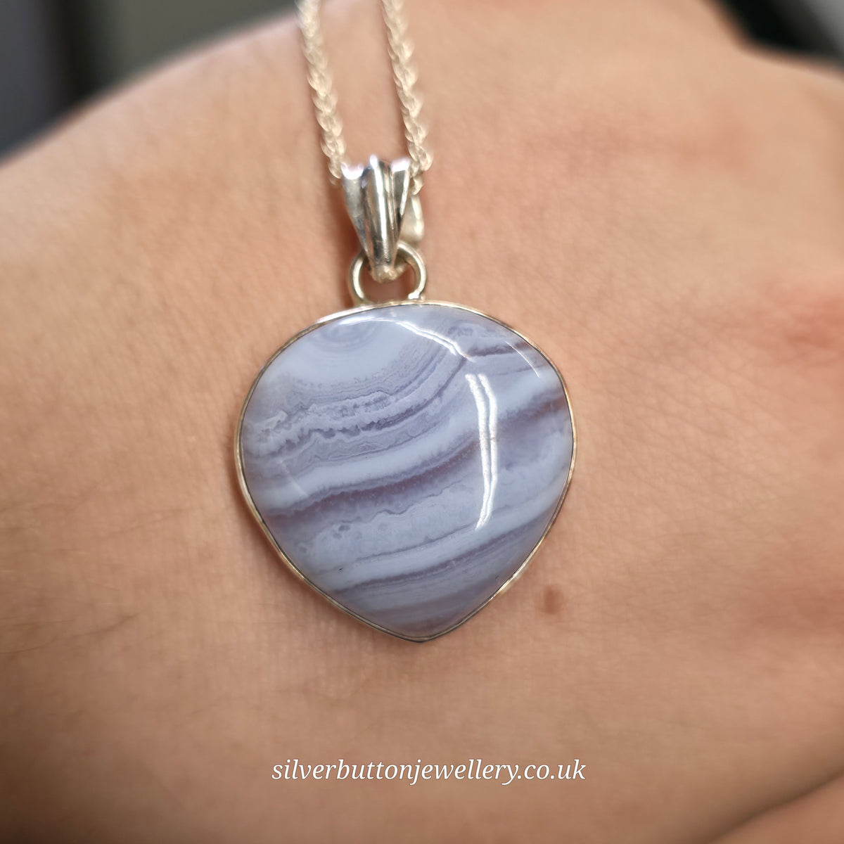 Sterling Silver Large Pear Cabochon Blue Lace Agate Bezel Set Pendant Necklace