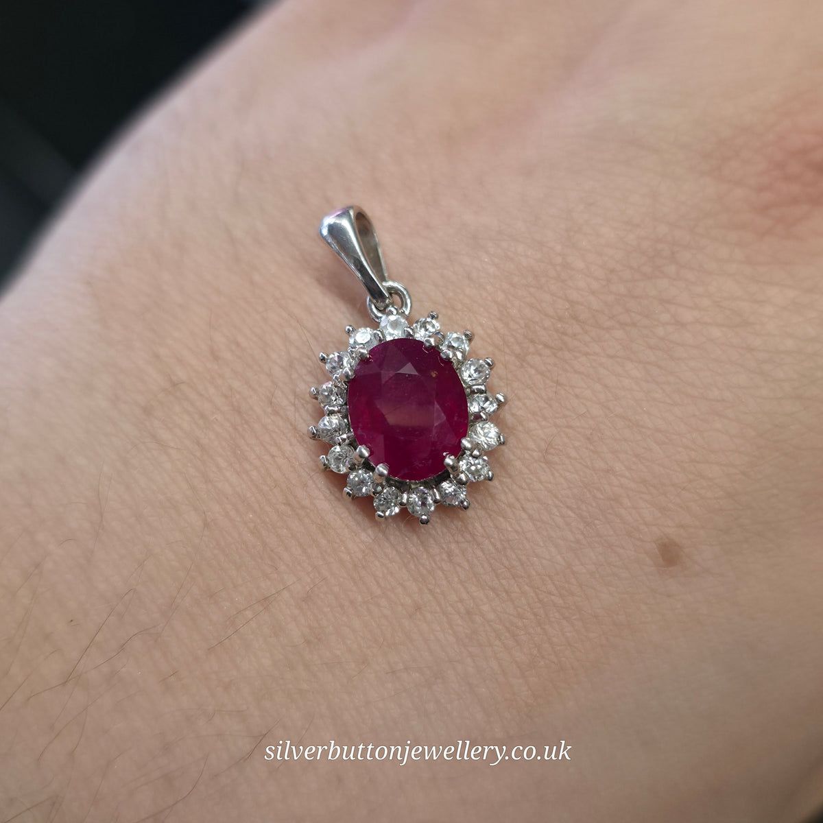 Sterling Silver Oval Cut Ruby And White Zircon Cluster Pendant Piece