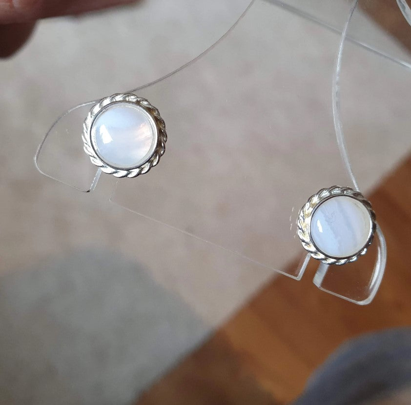 sterling Silver Braided edge hand set Blue Lace Agate Stud Earrings