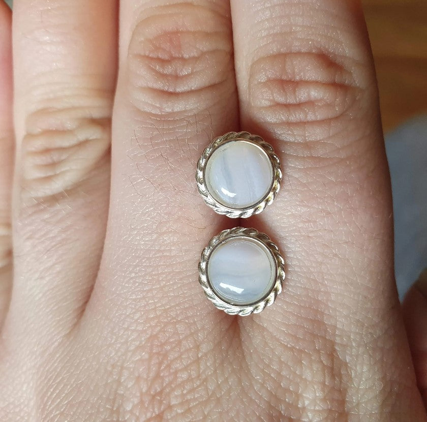 sterling Silver Braided edge hand set Blue Lace Agate Stud Earrings