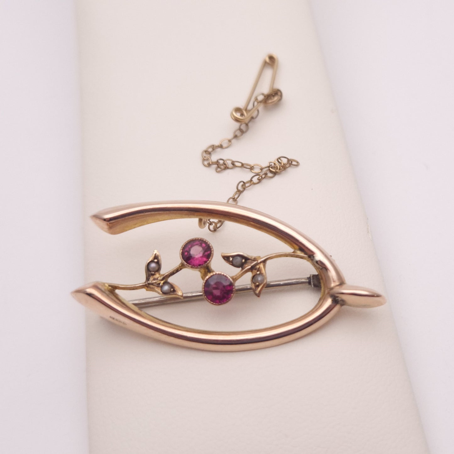 9ct Rose Gold Red Stone and seed pearl Wishbone Floral Brooch