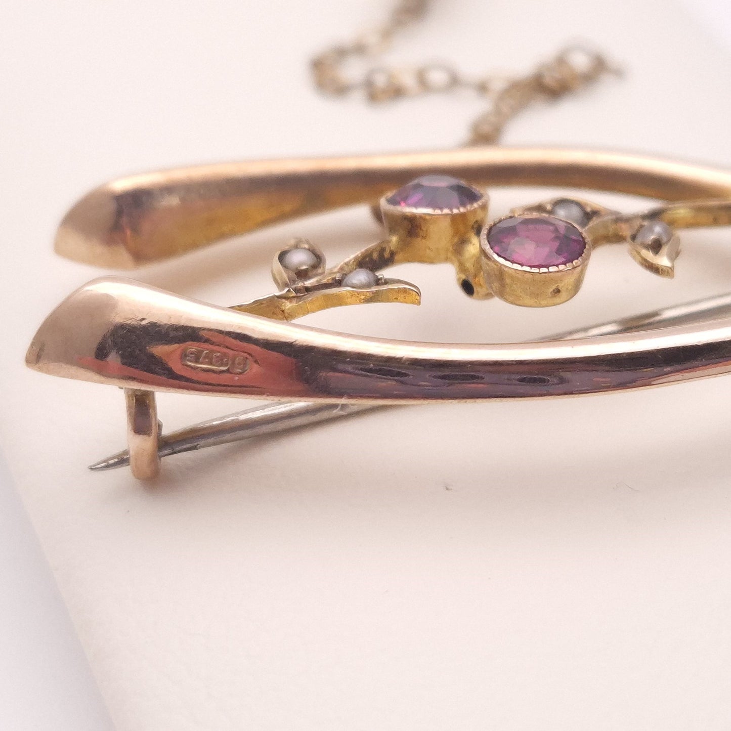 9ct Rose Gold Red Stone and seed pearl Wishbone Floral Brooch