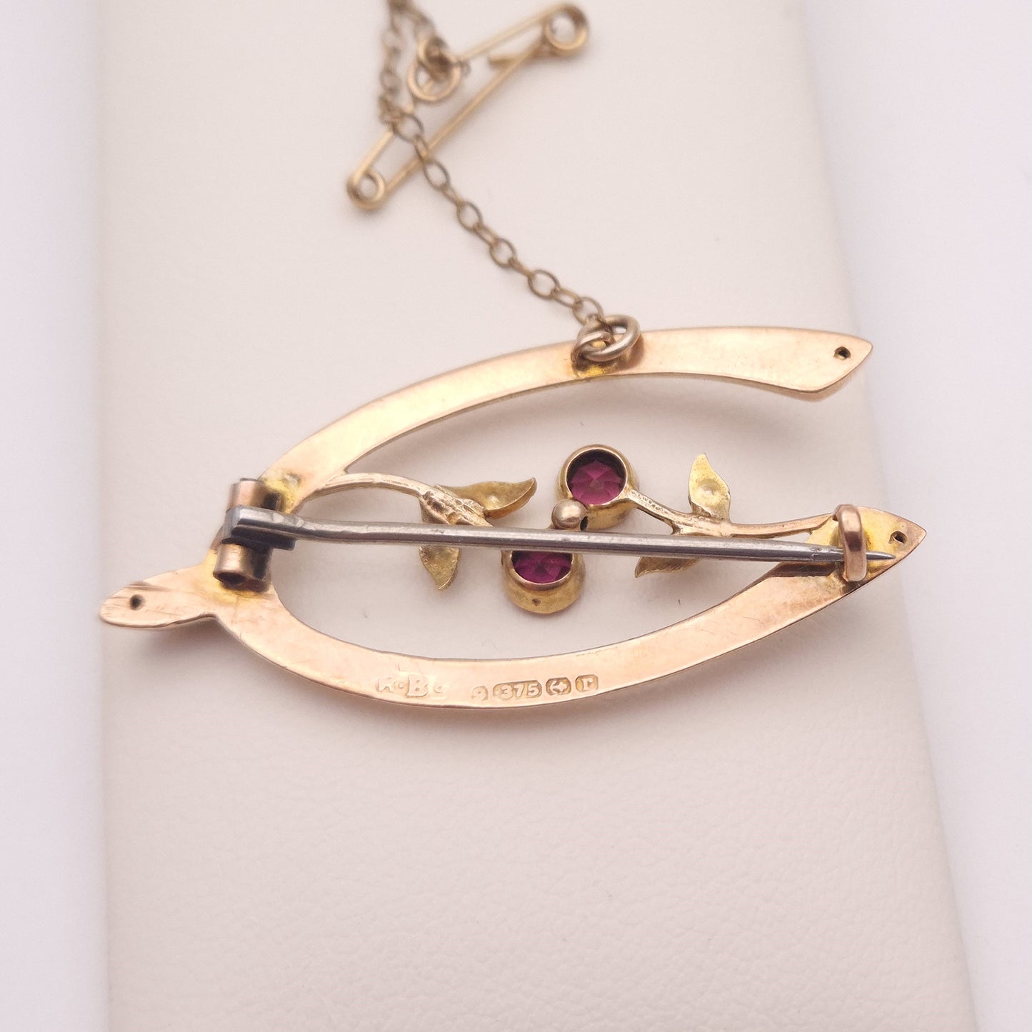 9ct Rose Gold Red Stone and seed pearl Wishbone Floral Brooch
