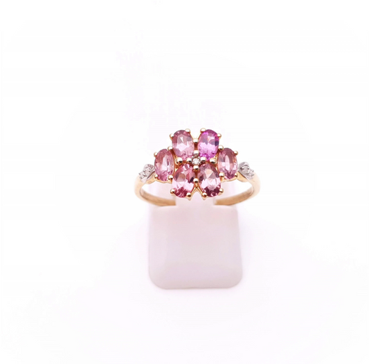 9ct yellow gold pale pink Stone (morganite?) & Diamond large Cluster style ring