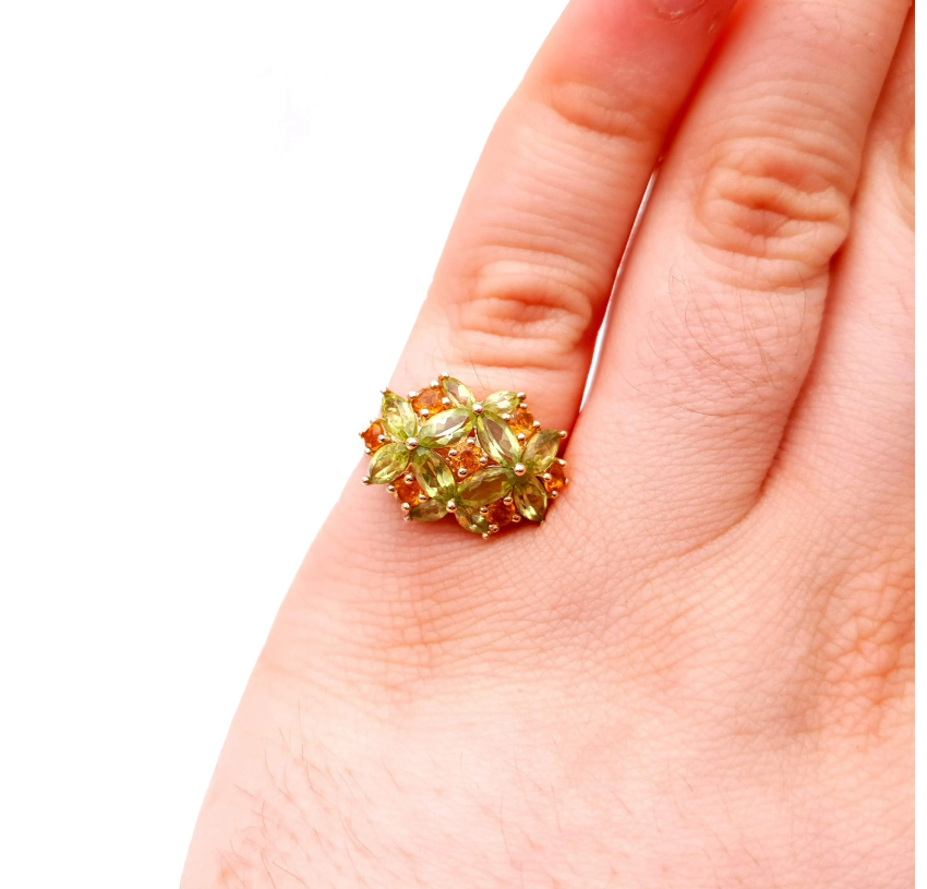 9ct yellow gold peridot and citrine fancy cluster ring