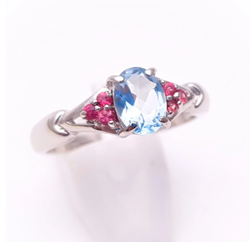 9ct White Gold Blue Topaz and Pink Stone Ring
