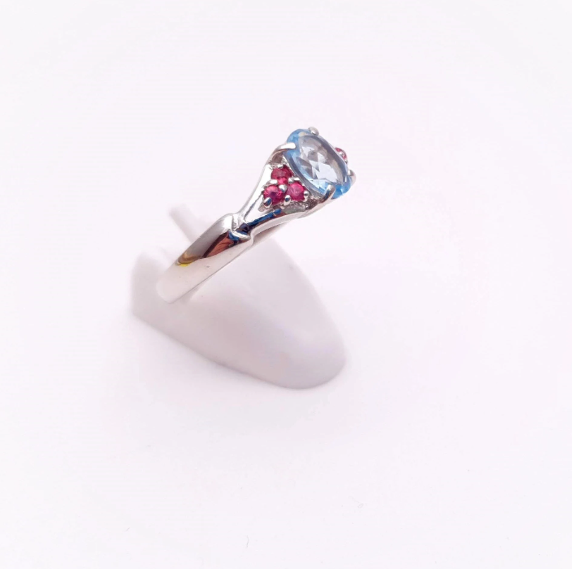 9ct White Gold Blue Topaz and Pink Stone Ring