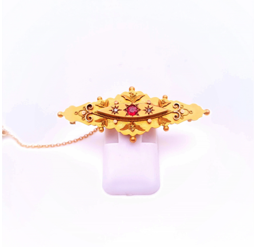 9ct Yellow gold Traditional Ruby and diamond Mourning Brooch ( Chester 1914)
