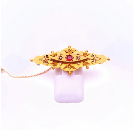 9ct Yellow gold Traditional Ruby and diamond Mourning Brooch ( Chester 1914)