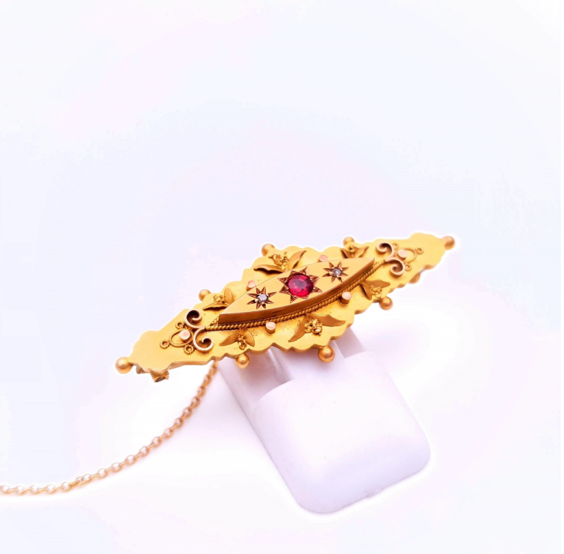 9ct Yellow gold Traditional Ruby and diamond Mourning Brooch ( Chester 1914)