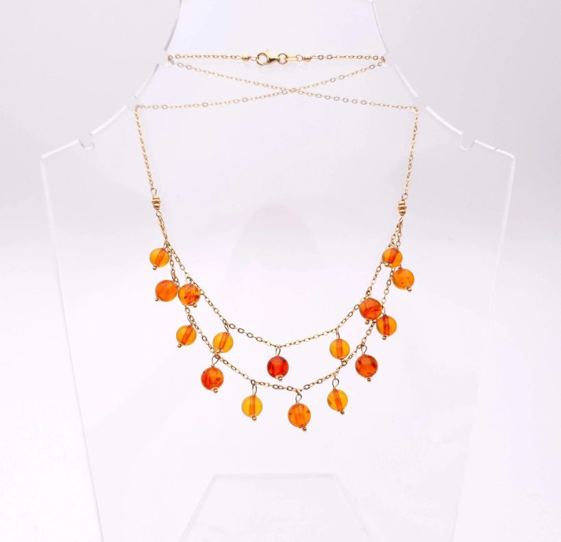 9ct yellow gold drop amber bead multi strand necklace 17 inches