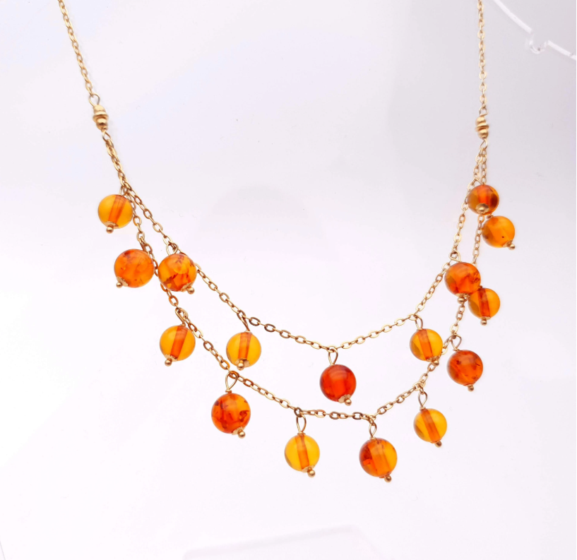 9ct yellow gold drop amber bead multi strand necklace 17 inches