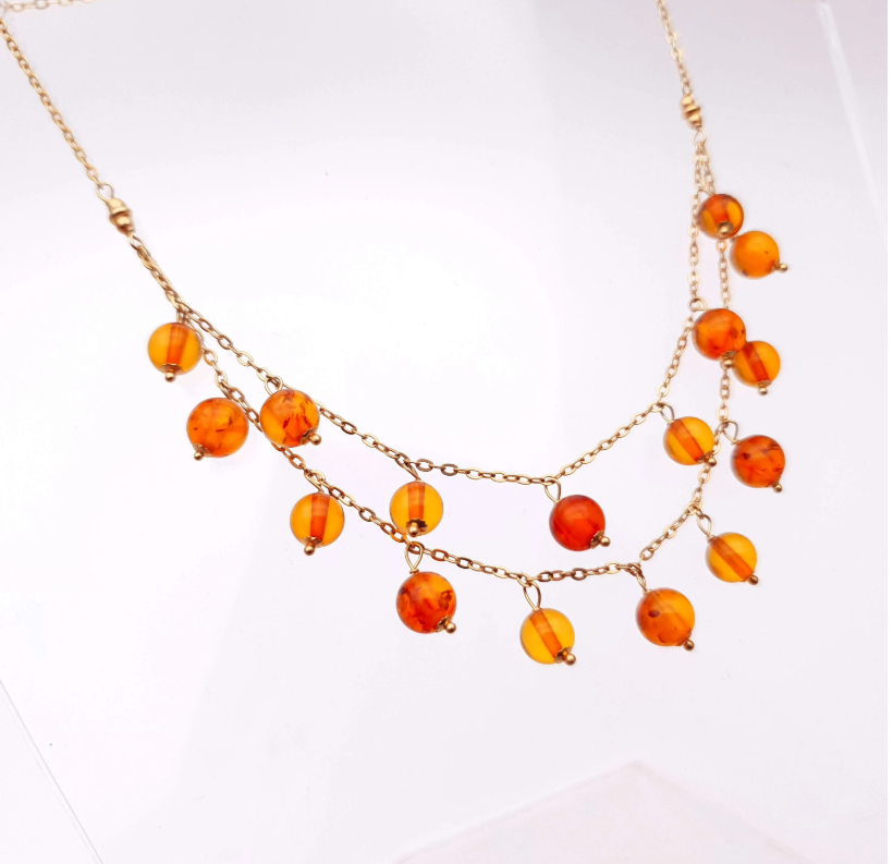 9ct yellow gold drop amber bead multi strand necklace 17 inches
