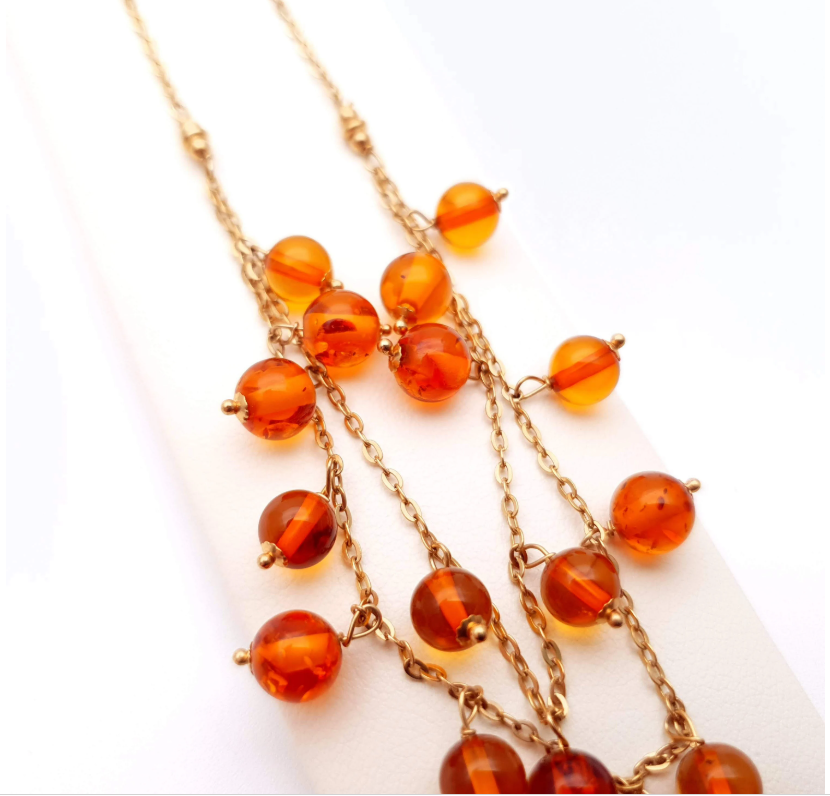 9ct yellow gold drop amber bead multi strand necklace 17 inches