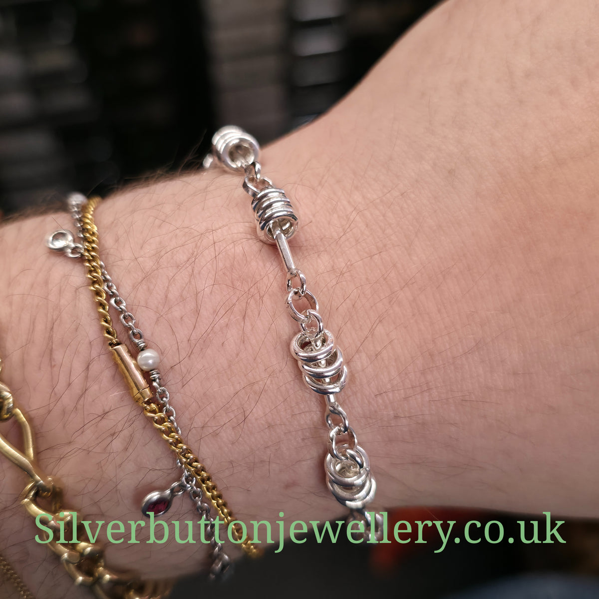 Sterling Silver Moving Jump Ring Trio Link T-Bar Closure Bracelet