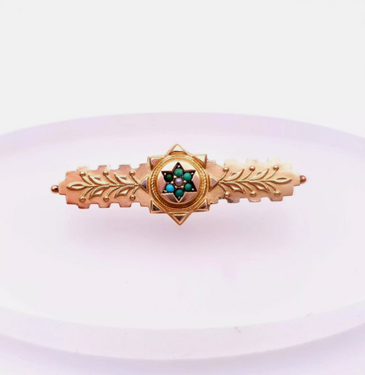 9ct yellow Gold Victoria Turquoise and Pearl bar Brooch Chester 1901