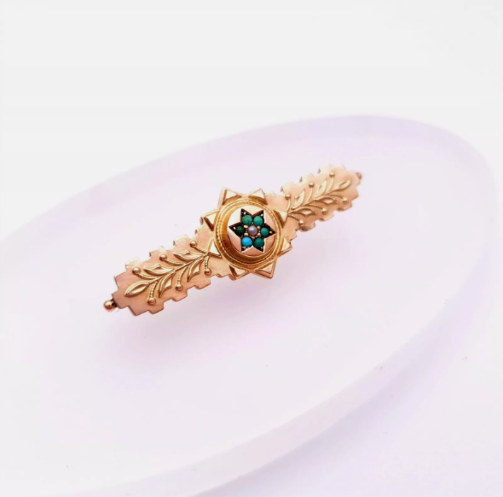 9ct yellow Gold Victoria Turquoise and Pearl bar Brooch Chester 1901