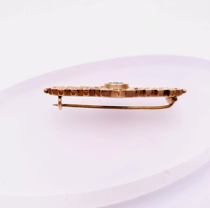 9ct yellow Gold Victoria Turquoise and Pearl bar Brooch Chester 1901