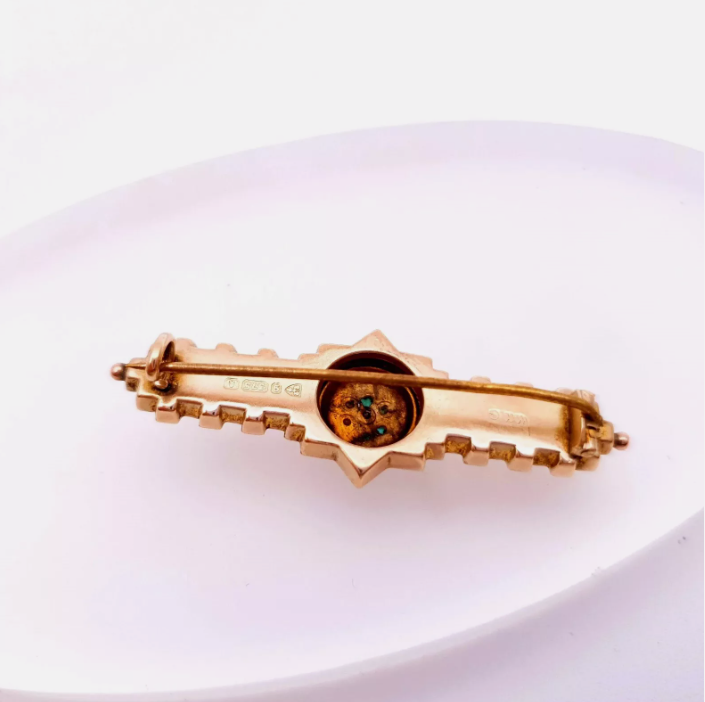 9ct yellow Gold Victoria Turquoise and Pearl bar Brooch Chester 1901