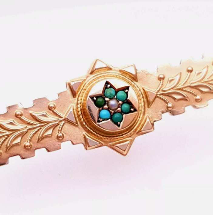9ct yellow Gold Victoria Turquoise and Pearl bar Brooch Chester 1901