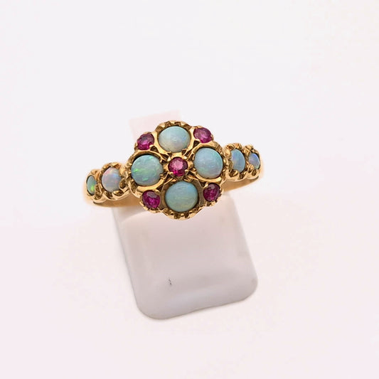 9ct Yellow Gold Ruby and Opal Repro Cluster Ring