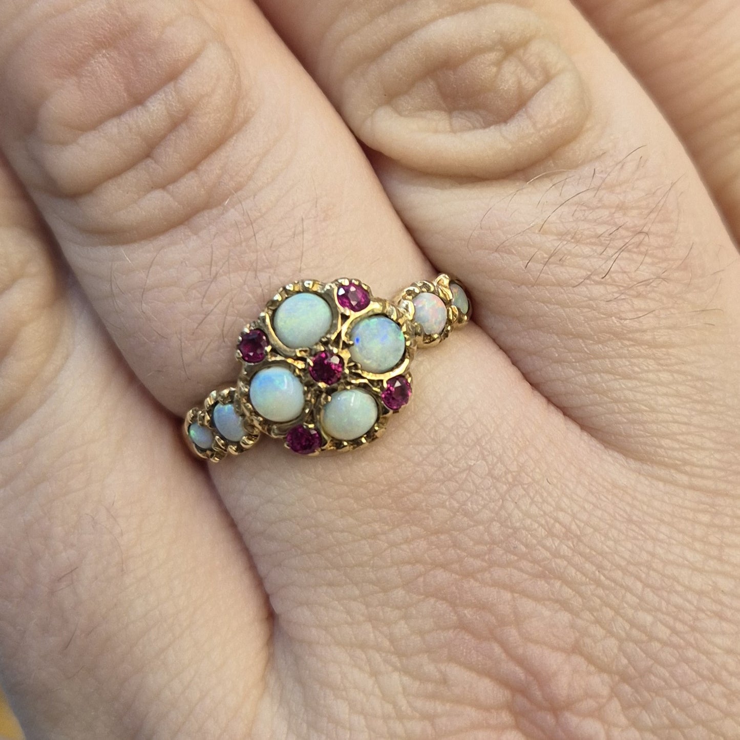 9ct Yellow Gold Ruby and Opal Repro Cluster Ring