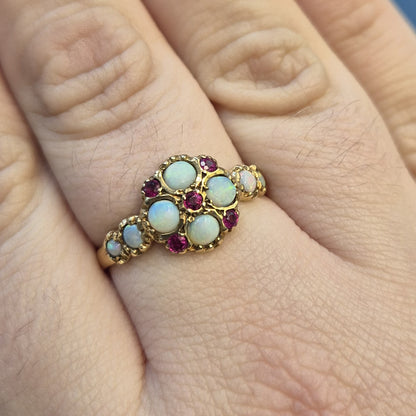 9ct Yellow Gold Ruby and Opal Repro Cluster Ring