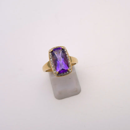 9ct Yellow Gold Chequerboard Rectangular Amethyst and Diamond Halo Cluster Ring