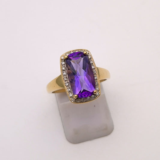 9ct Yellow Gold Chequerboard Rectangular Amethyst and Diamond Halo Cluster Ring
