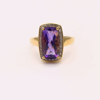 9ct Yellow Gold Chequerboard Rectangular Amethyst and Diamond Halo Cluster Ring
