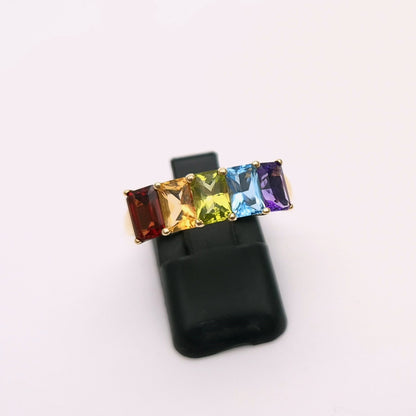 9ct Yellow Gold Rainbow Coloured Emerald Cut Stone Ring