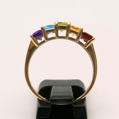 9ct Yellow Gold Rainbow Coloured Emerald Cut Stone Ring