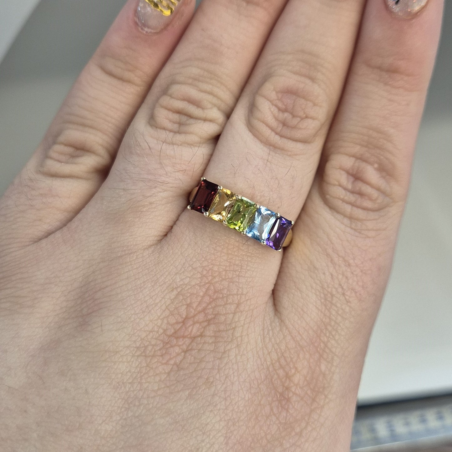 9ct Yellow Gold Rainbow Coloured Emerald Cut Stone Ring