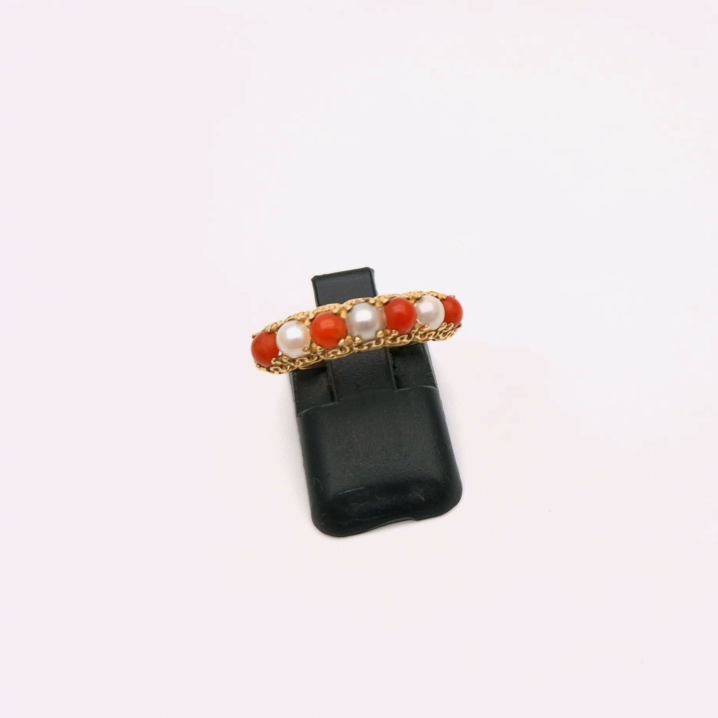 9ct Yellow Gold alternating Pearl and Coral Row Ring