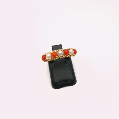 9ct Yellow Gold alternating Pearl and Coral Row Ring