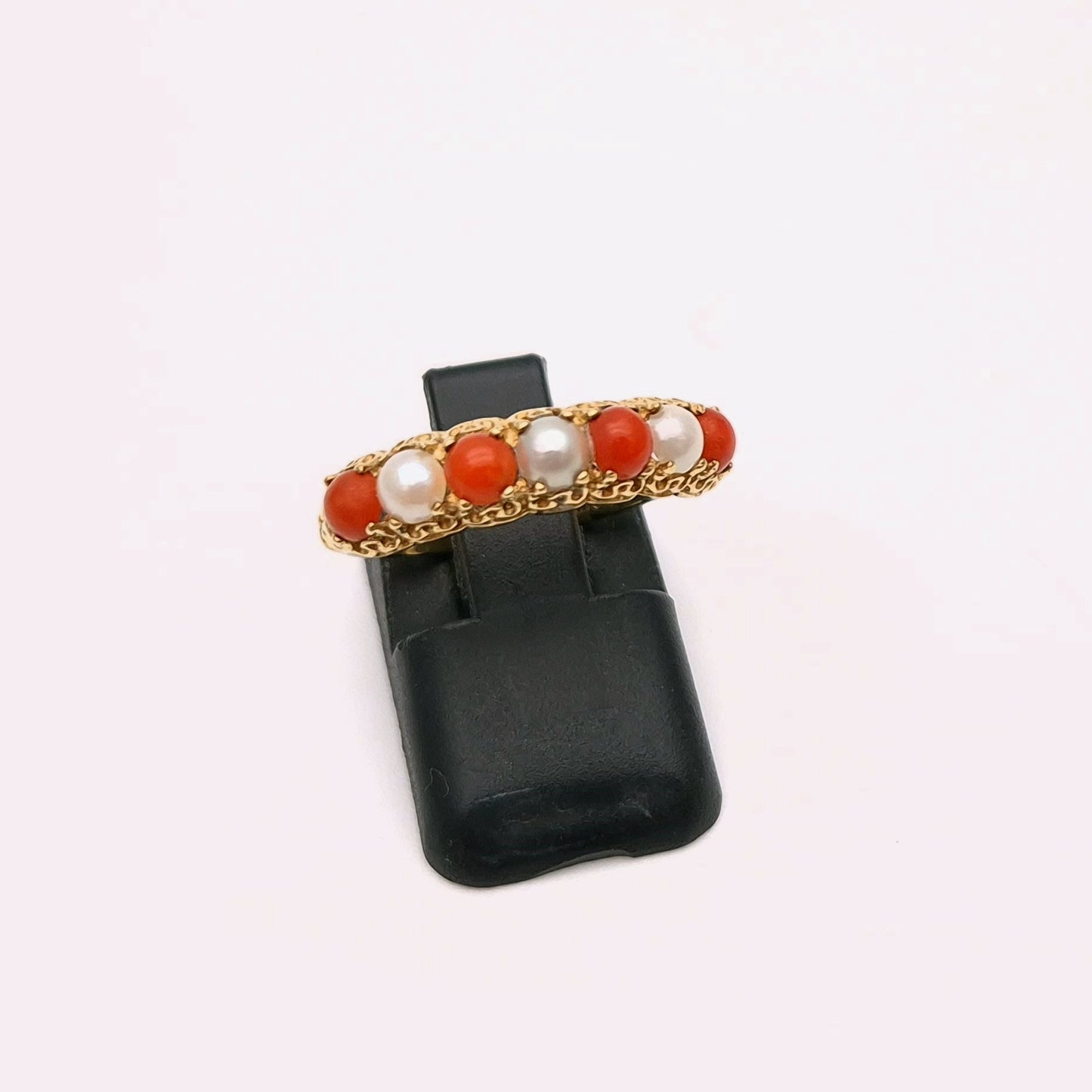 9ct Yellow Gold alternating Pearl and Coral Row Ring