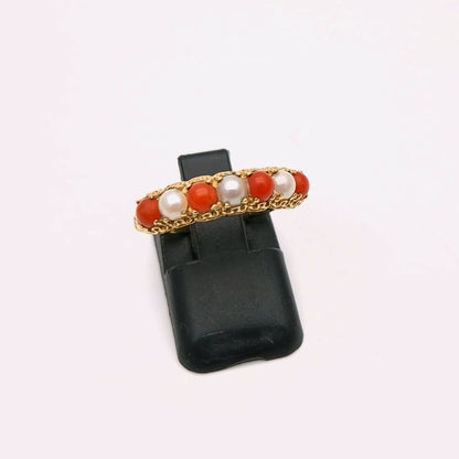 9ct Yellow Gold alternating Pearl and Coral Row Ring