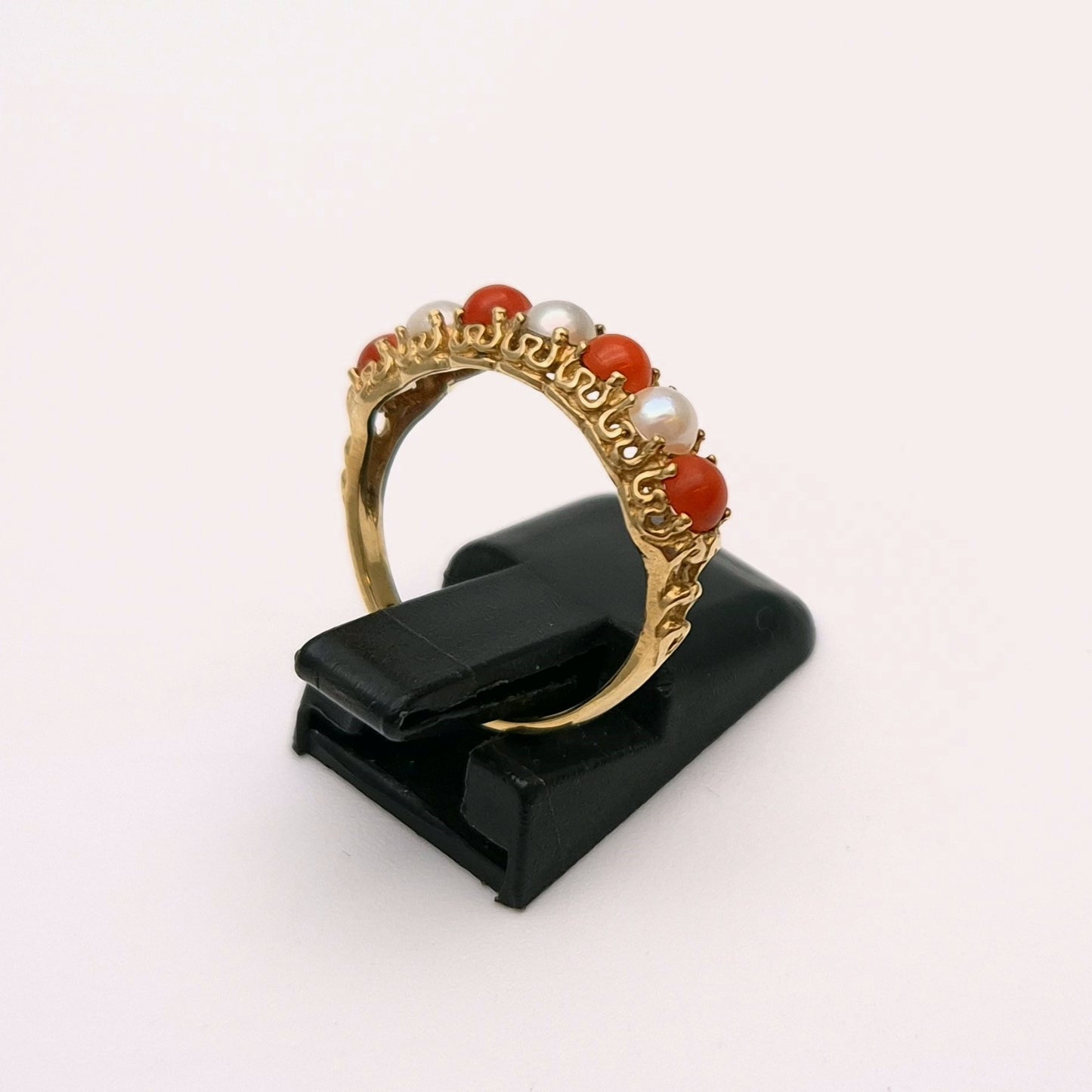 9ct Yellow Gold alternating Pearl and Coral Row Ring
