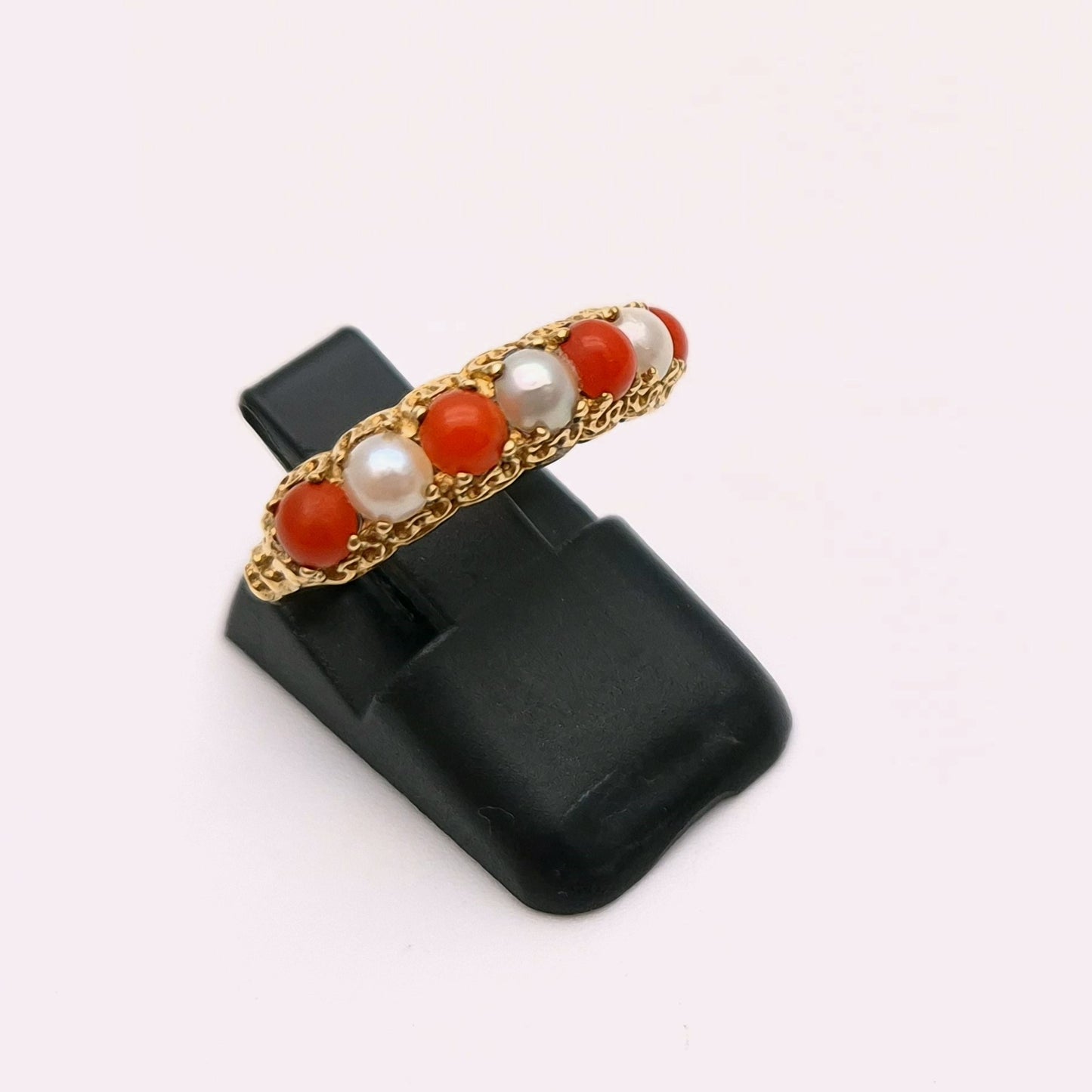 9ct Yellow Gold alternating Pearl and Coral Row Ring
