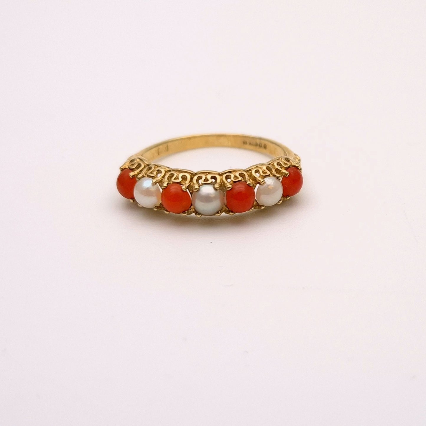 9ct Yellow Gold alternating Pearl and Coral Row Ring