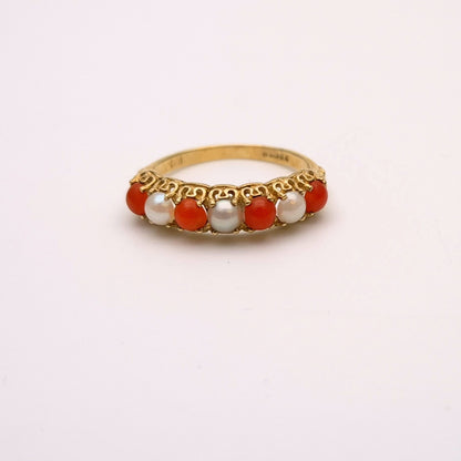 9ct Yellow Gold alternating Pearl and Coral Row Ring