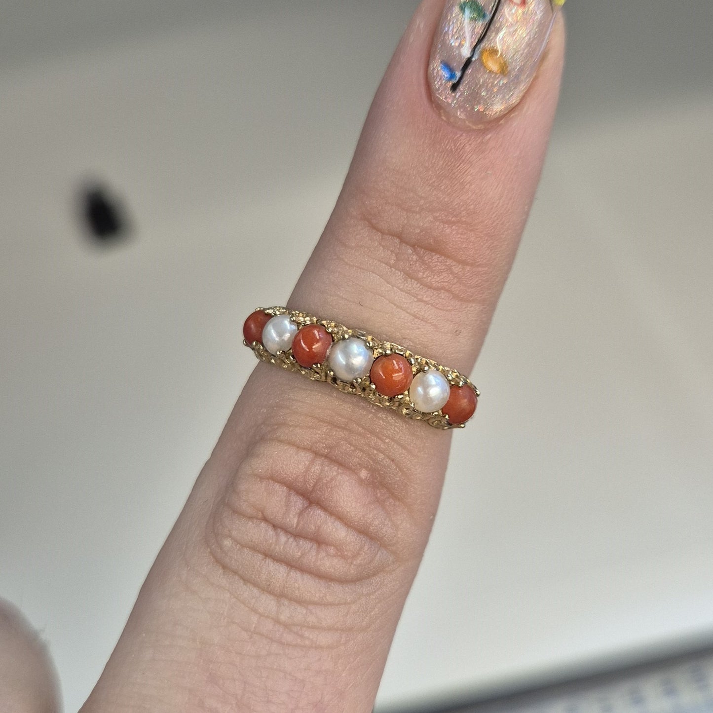 9ct Yellow Gold alternating Pearl and Coral Row Ring
