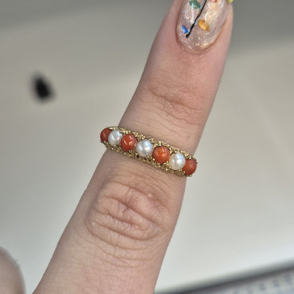 9ct Yellow Gold alternating Pearl and Coral Row Ring