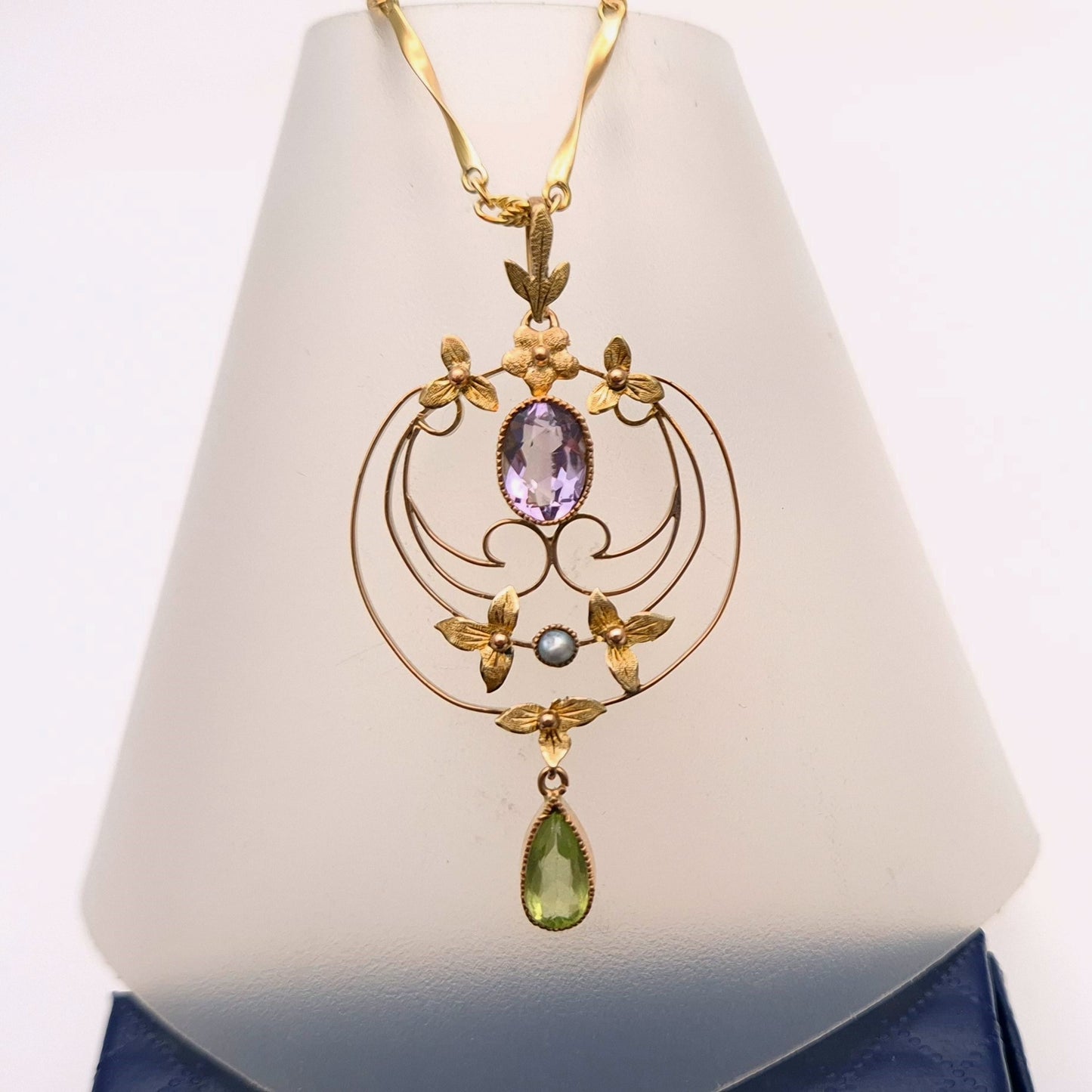 9ct Yellow Gold Art Nouveau Amethyst, Peridot and Pearl Necklace