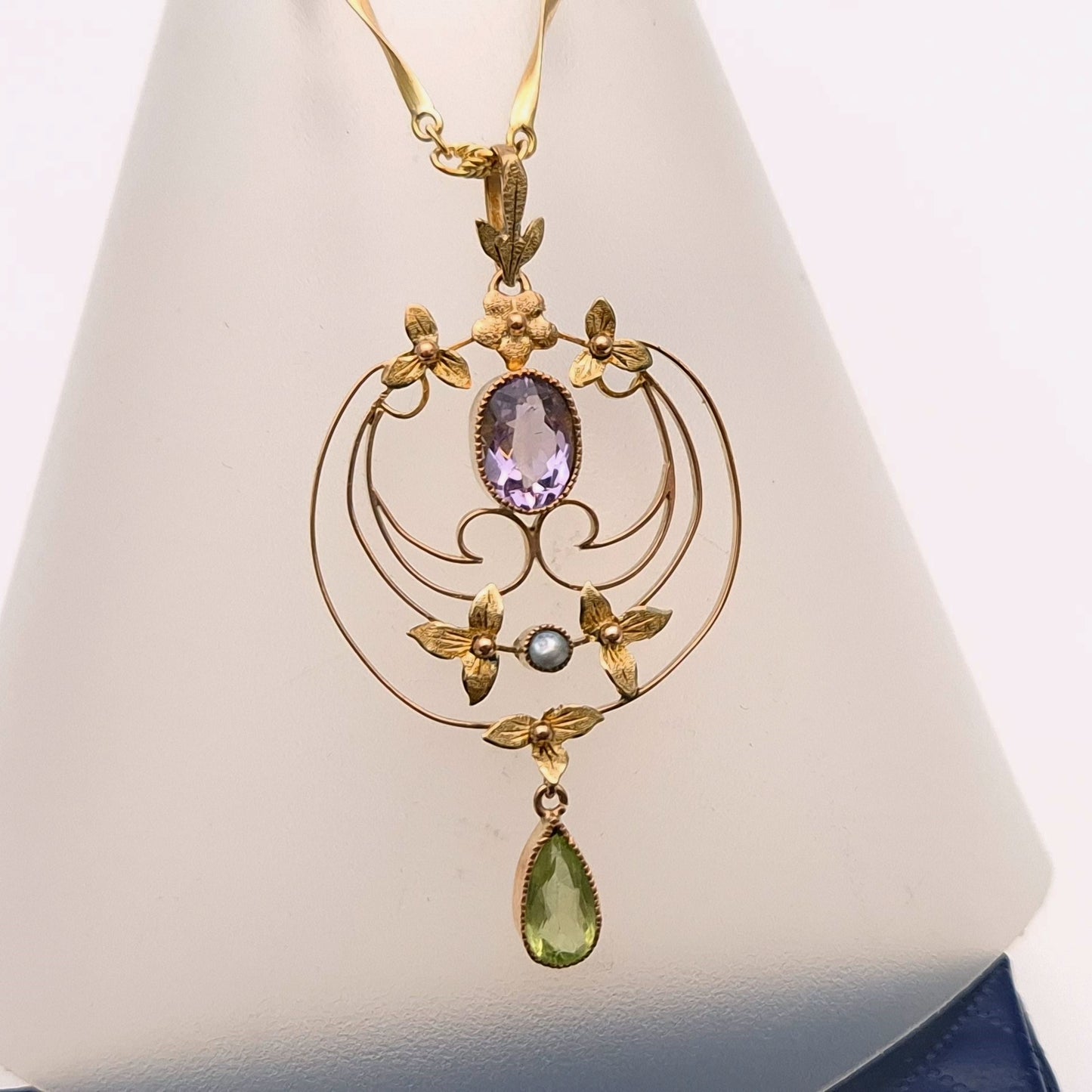 9ct Yellow Gold Art Nouveau Amethyst, Peridot and Pearl Necklace