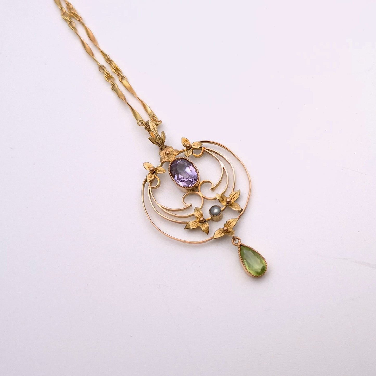 9ct Yellow Gold Art Nouveau Amethyst, Peridot and Pearl Necklace