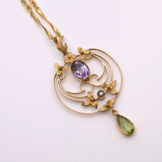9ct Yellow Gold Art Nouveau Amethyst, Peridot and Pearl Necklace