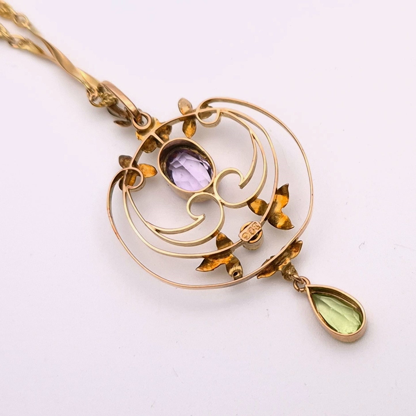 9ct Yellow Gold Art Nouveau Amethyst, Peridot and Pearl Necklace