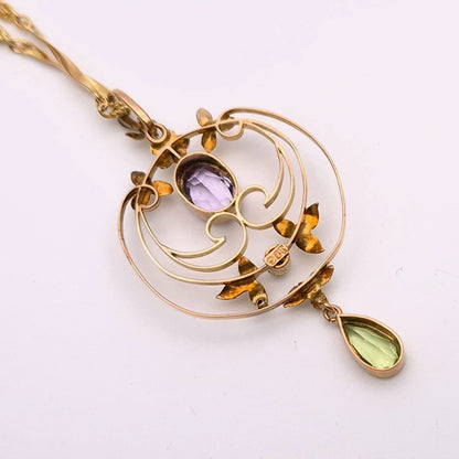9ct Yellow Gold Art Nouveau Amethyst, Peridot and Pearl Necklace