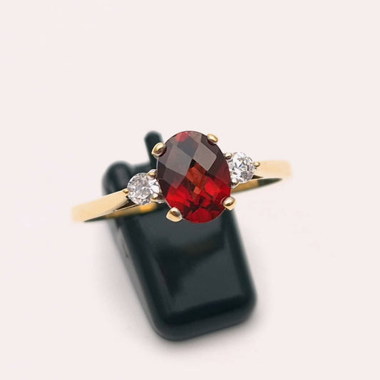 9ct Yellow Gold Garnet and Cubic Zirconia Three stone ring